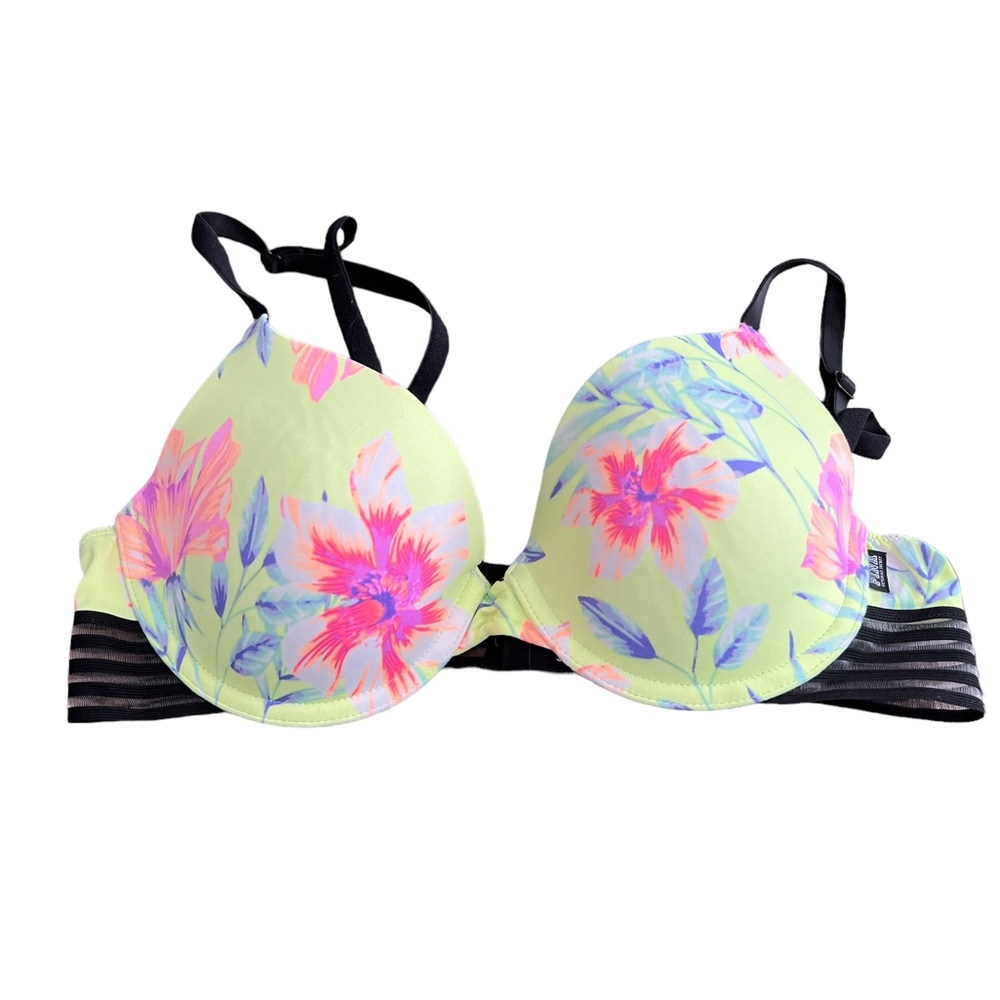 PINK Victoria's Secret Neon Floral Push-Up Bra in Lime, Pink & Black